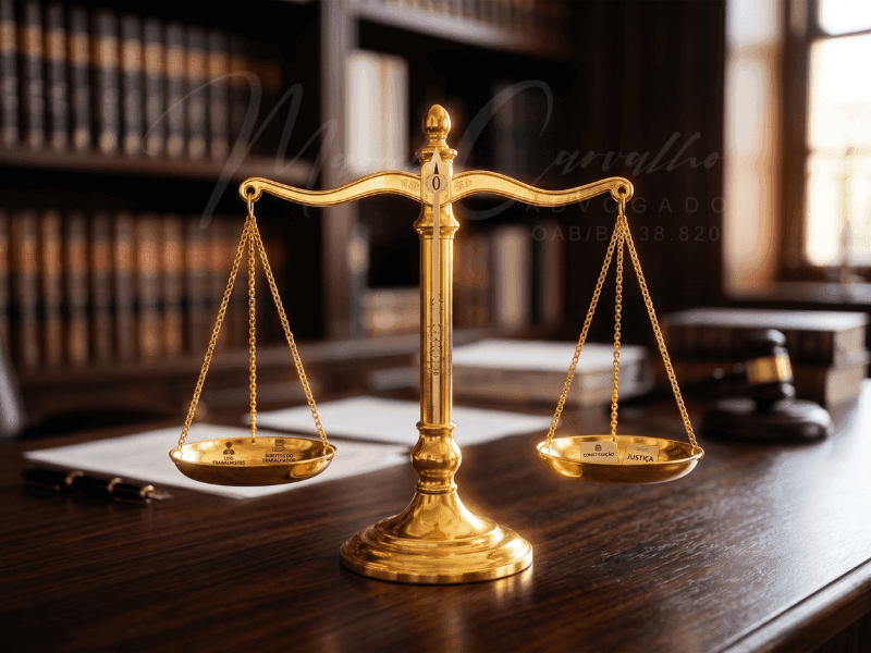 Balança da justiça dourada representando o equilíbrio das leis laborais e a proteção dos direitos do trabalhador na rescisão indireta.