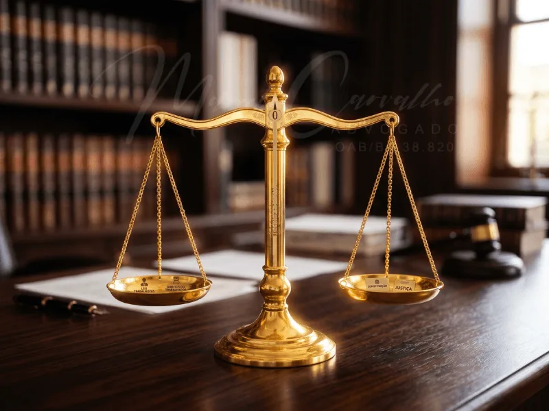 Balança da justiça dourada representando o equilíbrio das leis laborais e a proteção dos direitos do trabalhador na rescisão indireta.