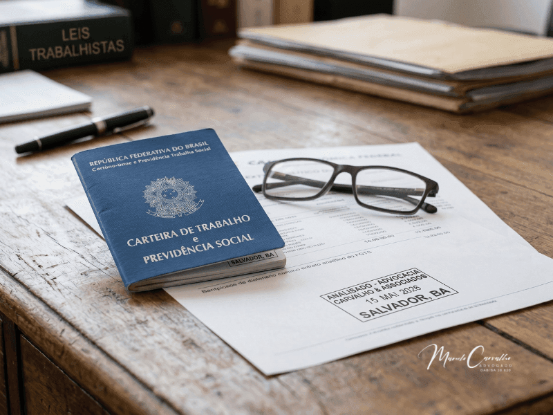 Carteira de trabalho e documentos sobre a mesa, representando a análise de provas na rescisão indireta por atraso de salário.