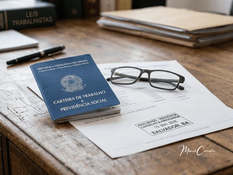 Carteira de trabalho e documentos sobre a mesa, representando a análise de provas na rescisão indireta por atraso de salário.